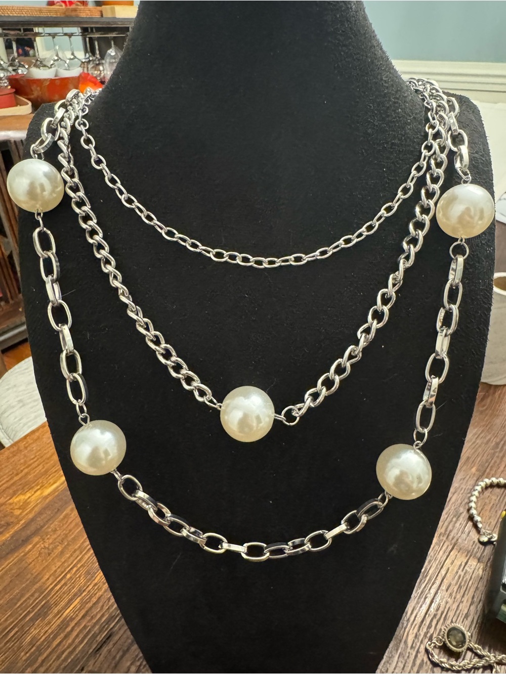 Paparazzi Layered Silver Tone Chain Faux Pearl Necklace & Earrings Set